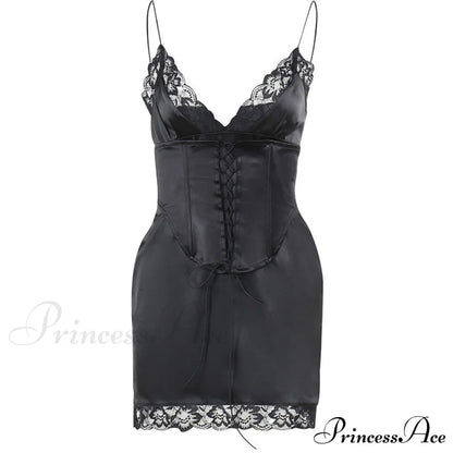 Lace Up Front Cami Dress with Contrast Lace