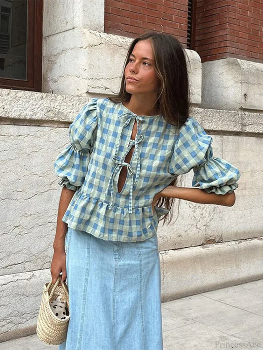 Lace-Up Tie-Up Puff Sleeve Midi Blouse
