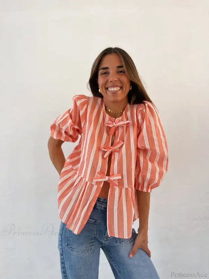 Lace-Up Tie-Up Puff Sleeve Midi Blouse
