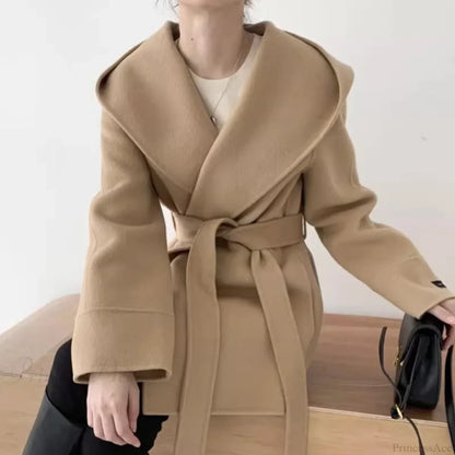 Lace-Up Woolen Hooded Jacket Overcoat