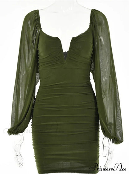 Lantern Sleeve Ruched Bodycon Dress with V-Cut