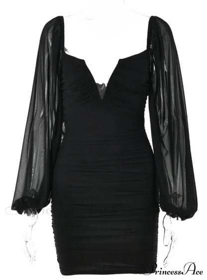 Lantern Sleeve Ruched Bodycon Dress with V-Cut
