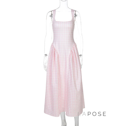 Adalae Plaid Backless Midi Dress