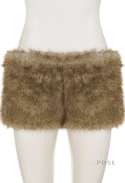 Adeline Khaki Faux Fur Shorts