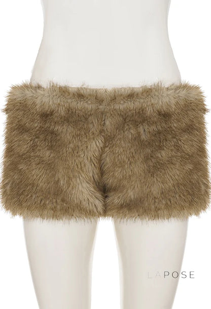 Adeline Khaki Faux Fur Shorts