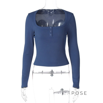 Aditri Ribbed Button U-Neck Top