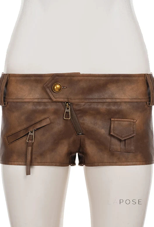 Ainslie Brown Faux Leather Biker Shorts