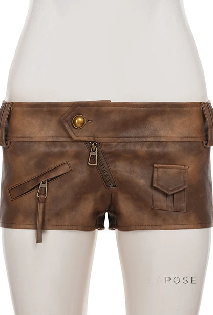 Ainslie Brown Faux Leather Biker Shorts
