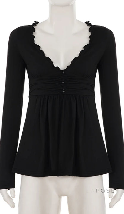 Analy Ruched V-Neck Long Sleeve Top
