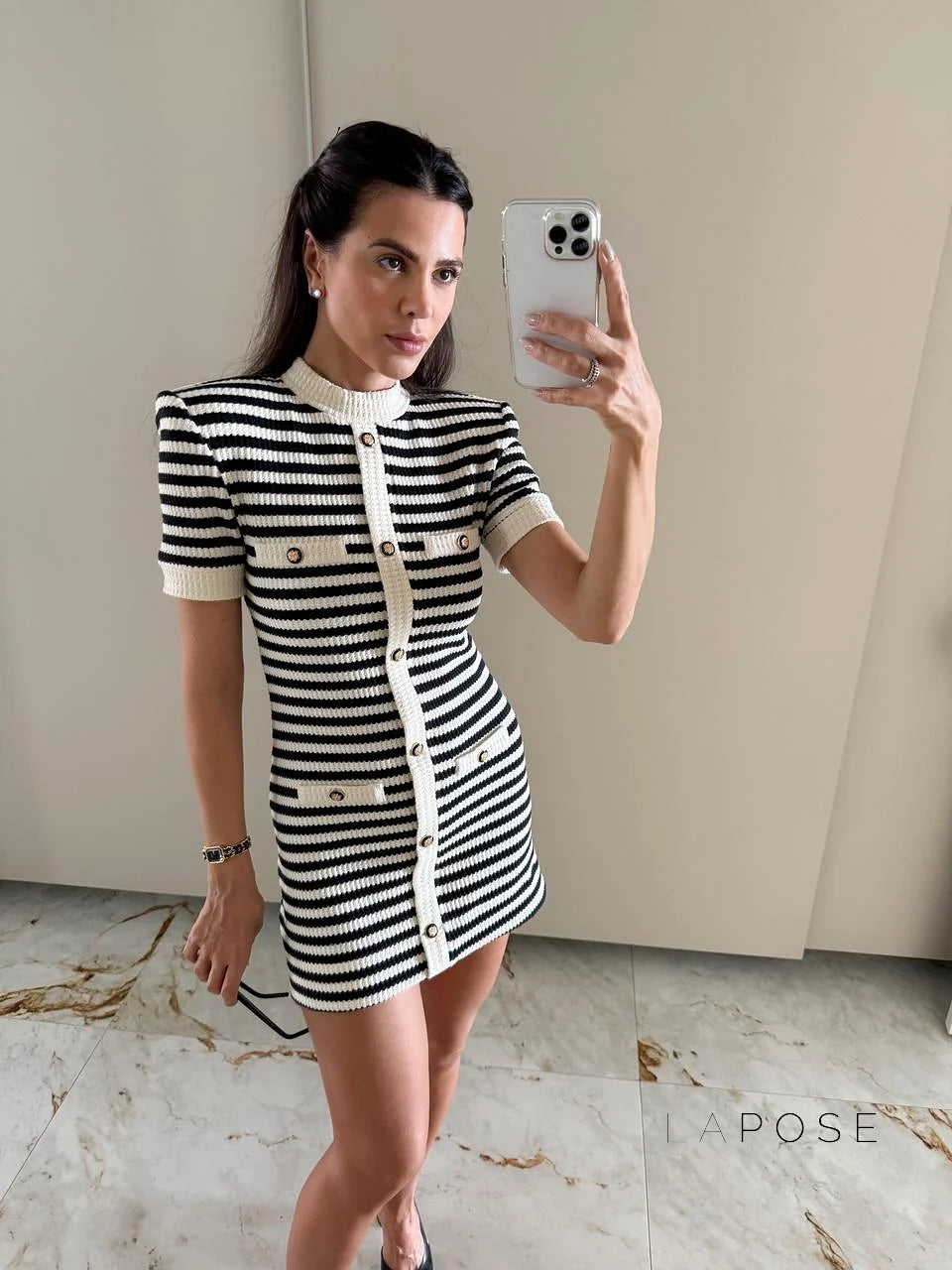 Annamae Striped Button-Front Knit Mini Dress
