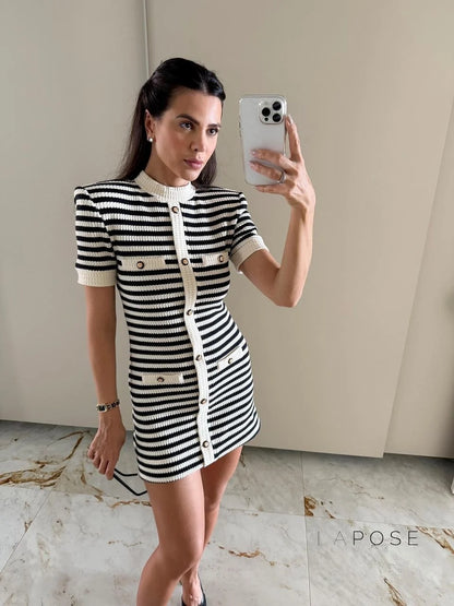 Annamae Striped Button-Front Knit Mini Dress