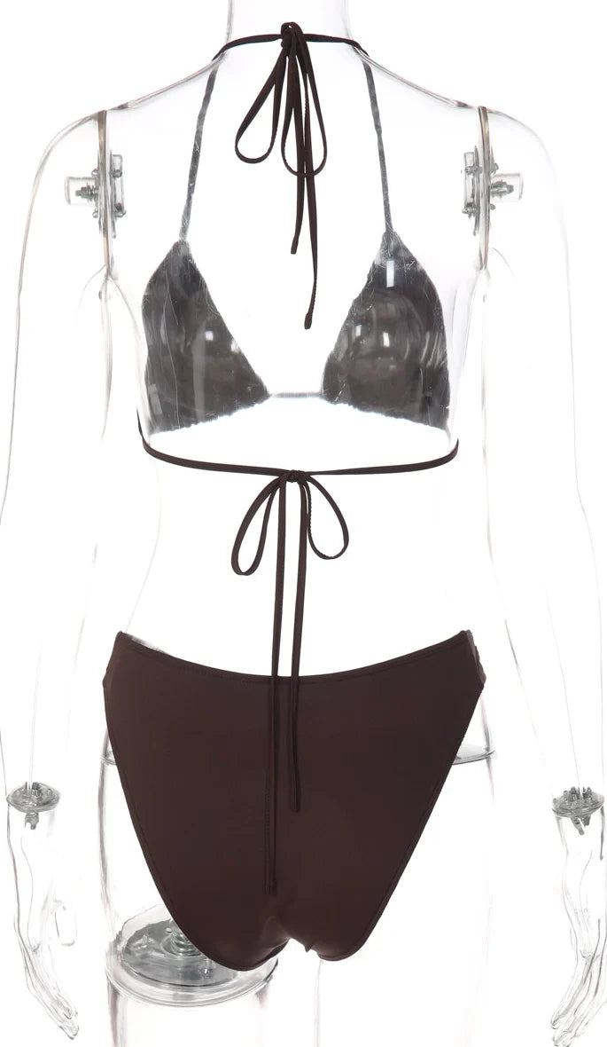 Button Detail Halter Bikini Set