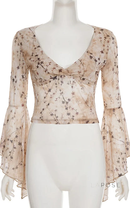 Elaina Printed Bell Sleeve Mesh Top