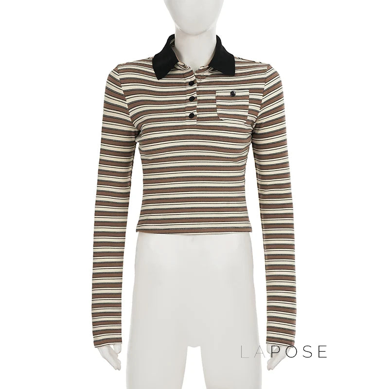 Germani Striped Long Sleeve Polo Top