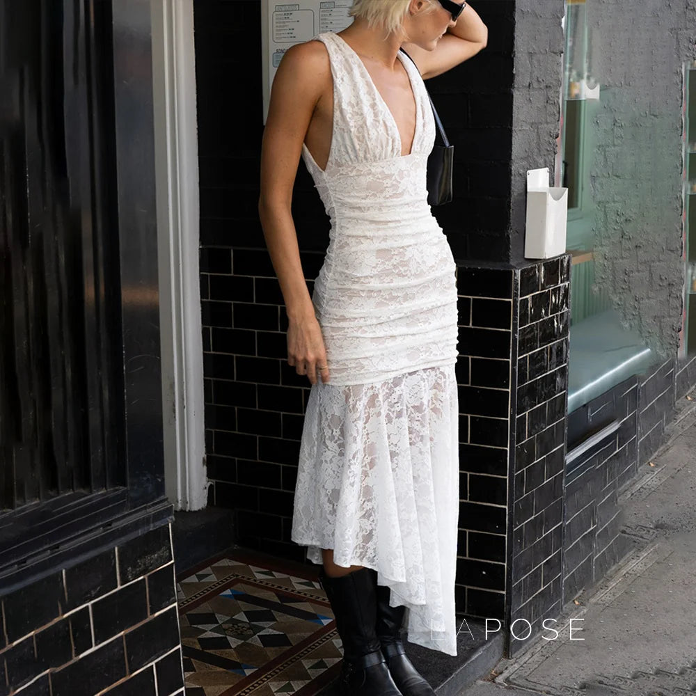 Kaliah Lace Ruched Asymmetric Dress