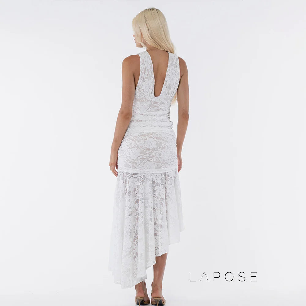 Kaliah Lace Ruched Asymmetric Dress