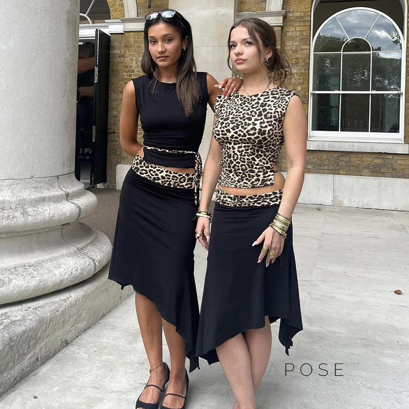 Khelani Leopard Asymmetric Skirt Set