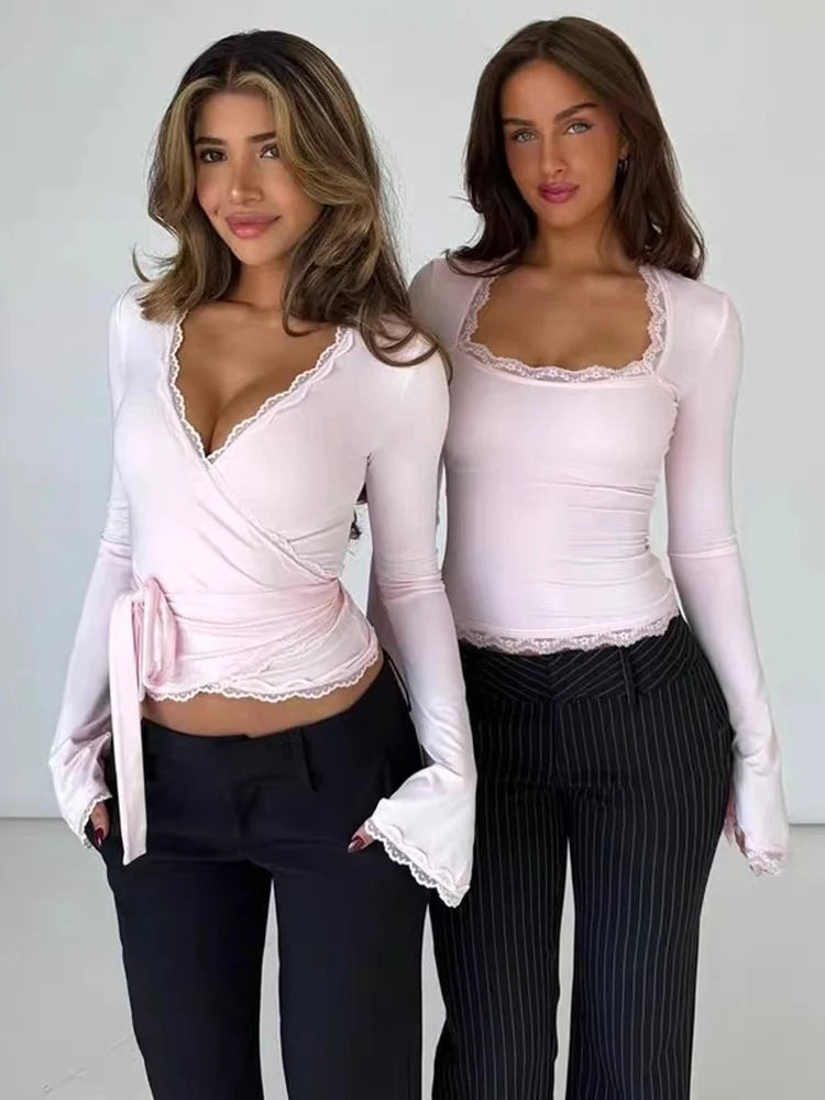 Lace Flare Sleeve Square Neck Top