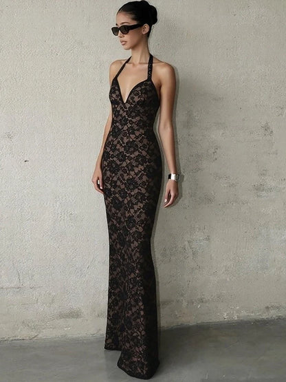 Lace Halter Slit Maxi Dress
