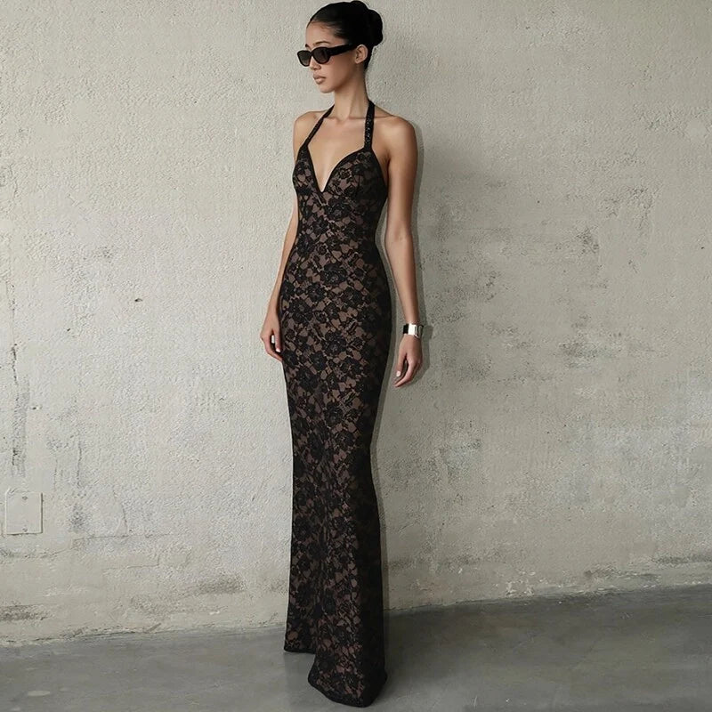 Lace Halter Slit Maxi Dress