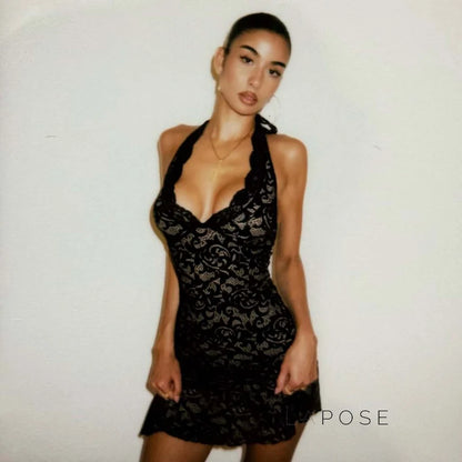 Rihanna Lace Halter Mini Dress