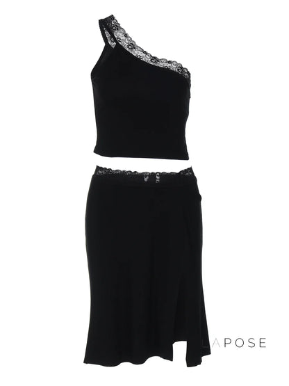 River One-Shoulder Lace Skirt Set