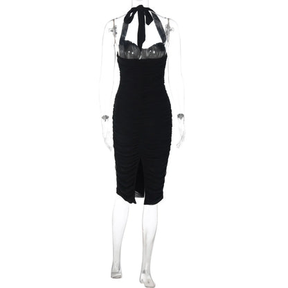 Ruched Mesh Halter Maxi Dress