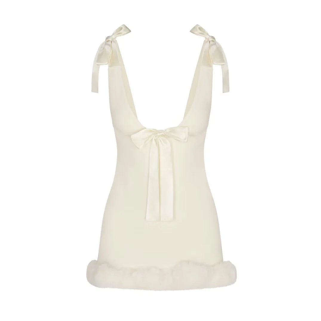 Satin Bow Strap Fur Trim Mini Dress