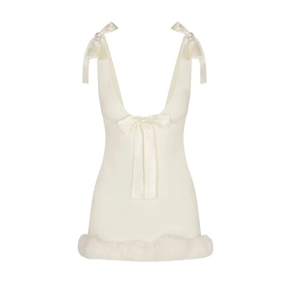 Satin Bow Strap Fur Trim Mini Dress
