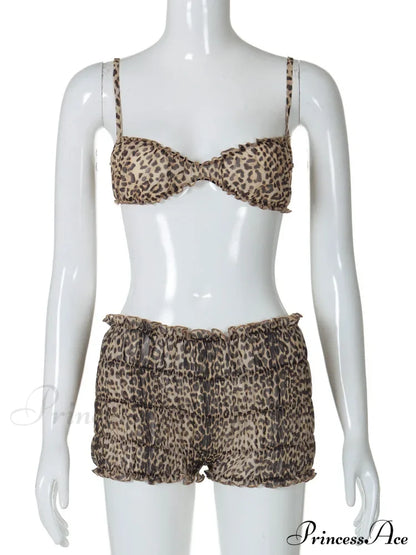 Leopard Print Ruffles Cami Graceful Bra Top and Shorts Set