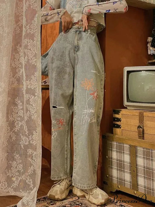 Letter Flower Print Ripped Jeans