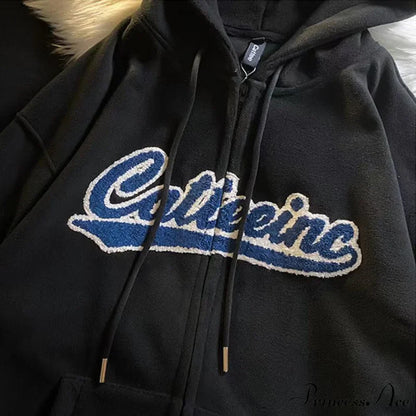 Letter Print Vintage Zip Up Oversize Jacket