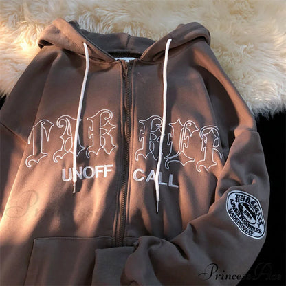 Letter Print Vintage Zip Up Oversize Jacket
