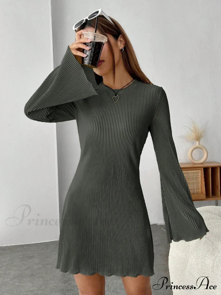 Lettuce Trim Trumpet Sleeve Ribbed Knit Dress