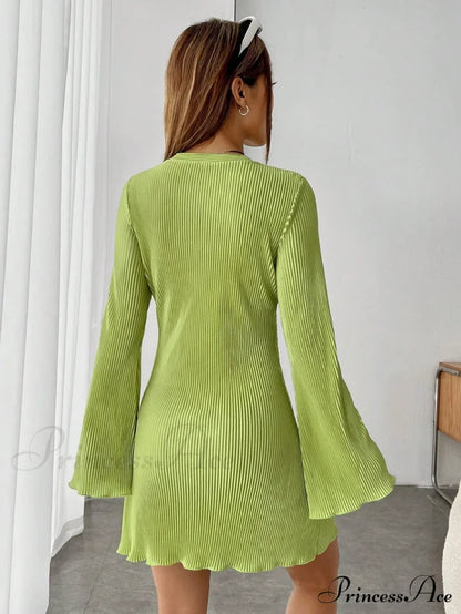 Lettuce Trim Trumpet Sleeve Ribbed Knit Dress