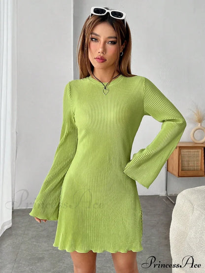 Lettuce Trim Trumpet Sleeve Ribbed Knit Dress