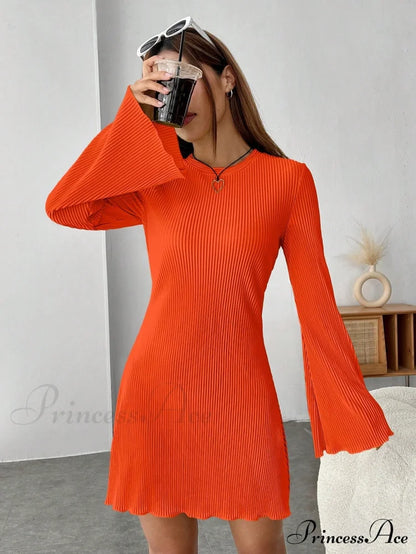Lettuce Trim Trumpet Sleeve Ribbed Knit Dress