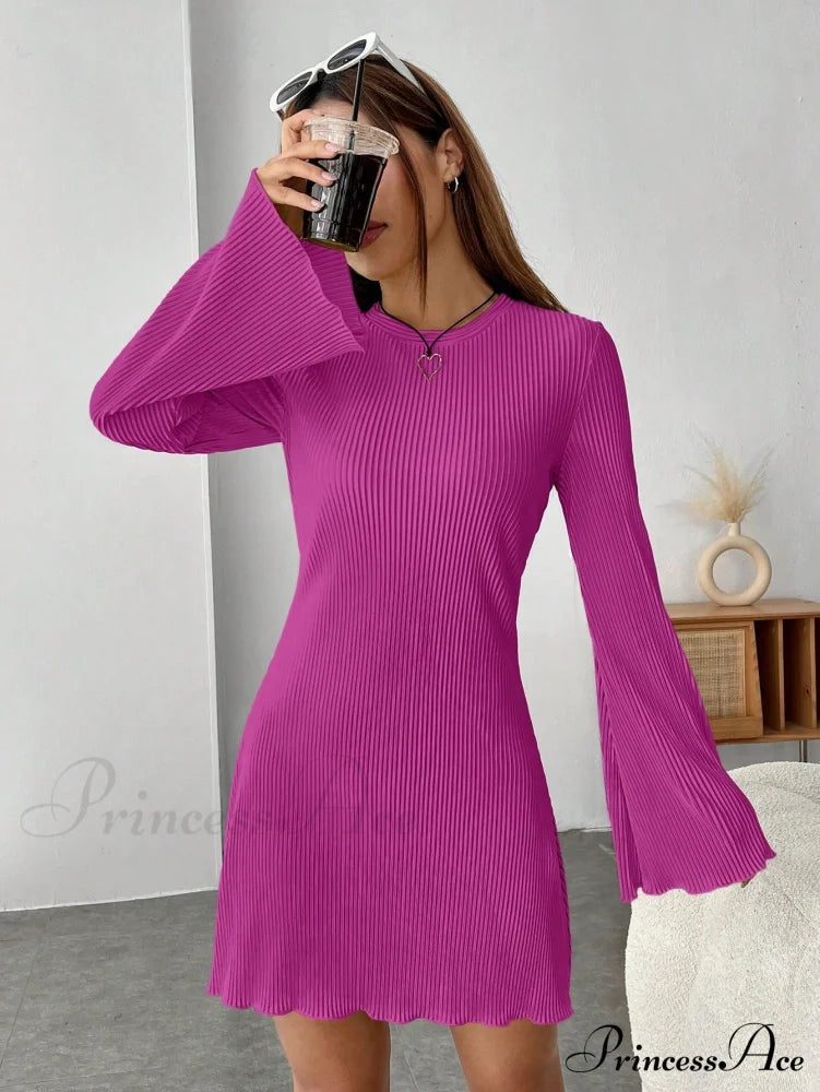 Lettuce Trim Trumpet Sleeve Ribbed Knit Dress