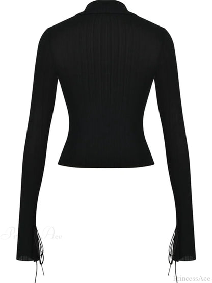 Long Sleeve Casual Turn-Down Collar Button-Down Knit Top