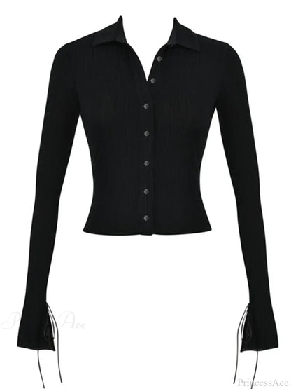 Long Sleeve Casual Turn-Down Collar Button-Down Knit Top