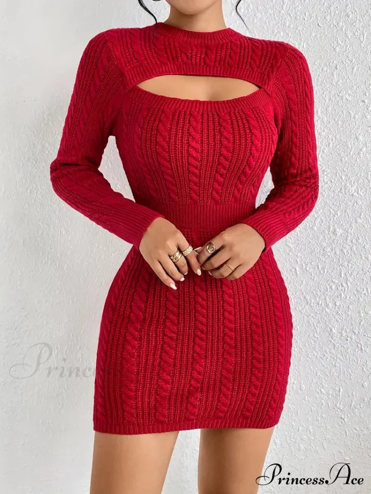 Long Sleeve Cut Out Sweater Knit Bodycon Dress