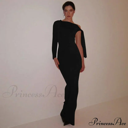 Long Sleeve One Shoulder Graceful Tie Up Bodycon Maxi Dress