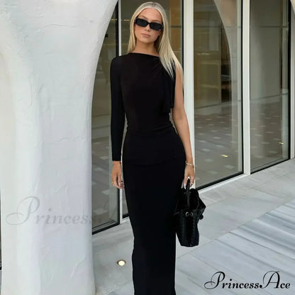 Long Sleeve One Shoulder Graceful Tie Up Bodycon Maxi Dress