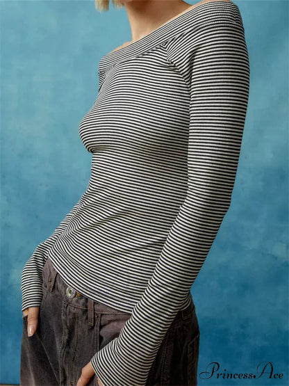 Long Sleeve Slim Colorful Striped Print Slash Neck T-Shirts