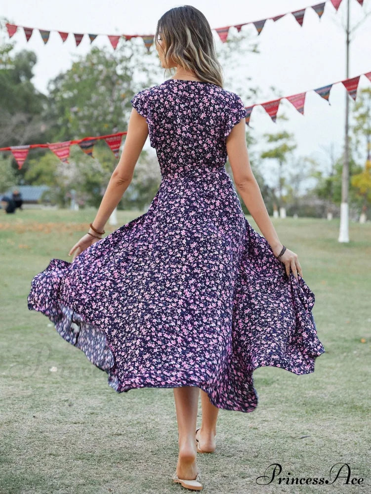 Lotus V-Neck Warm-Season Gown Coastal Low Sleeves Flowered High Straps Tank Foliage Dress