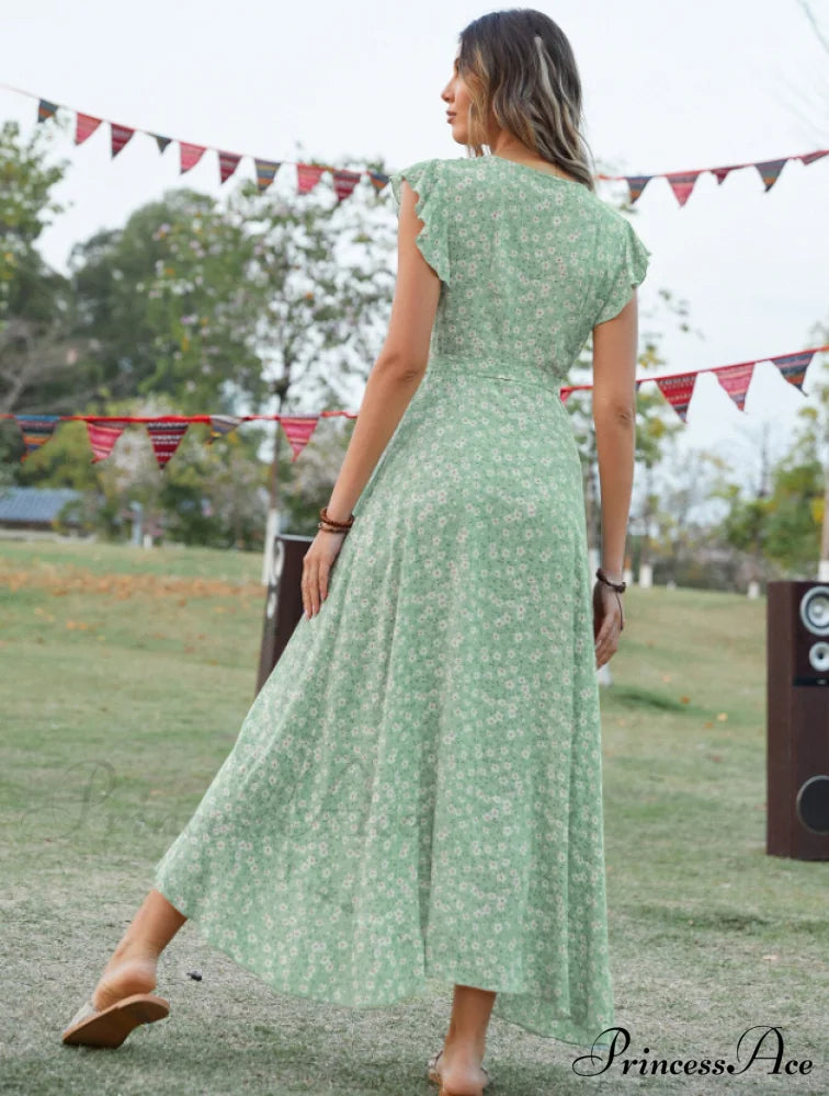 Lotus V-Neck Warm-Season Gown Coastal Low Sleeves Flowered High Straps Tank Foliage Dress