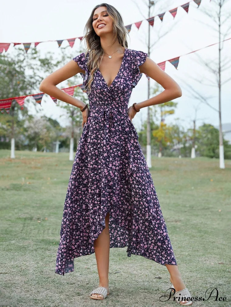 Lotus V-Neck Warm-Season Gown Coastal Low Sleeves Flowered High Straps Tank Foliage Dress
