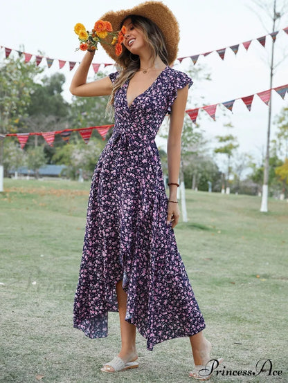 Lotus V-Neck Warm-Season Gown Coastal Low Sleeves Flowered High Straps Tank Foliage Dress