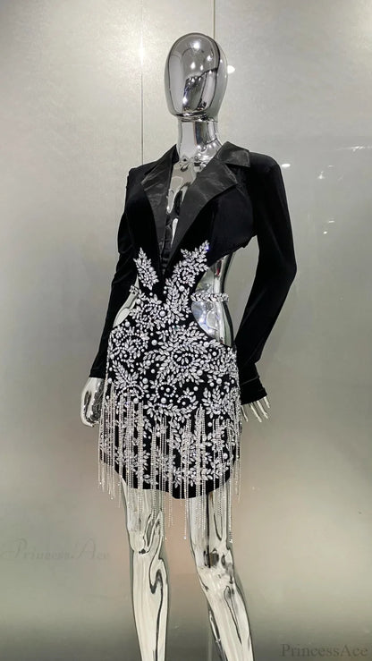 Luxury Diamonds Tassel Sexy Hollow Notched Black Mini Dress Evening Party Dress