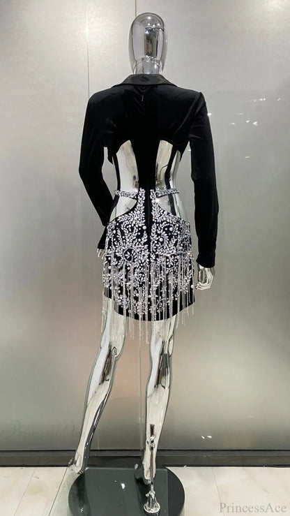 Luxury Diamonds Tassel Sexy Hollow Notched Black Mini Dress Evening Party Party Dress